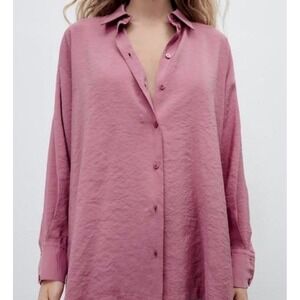 Zara Womens Oversized Button Down Shirt Mauve Pink Modal Blouse XS NWOT